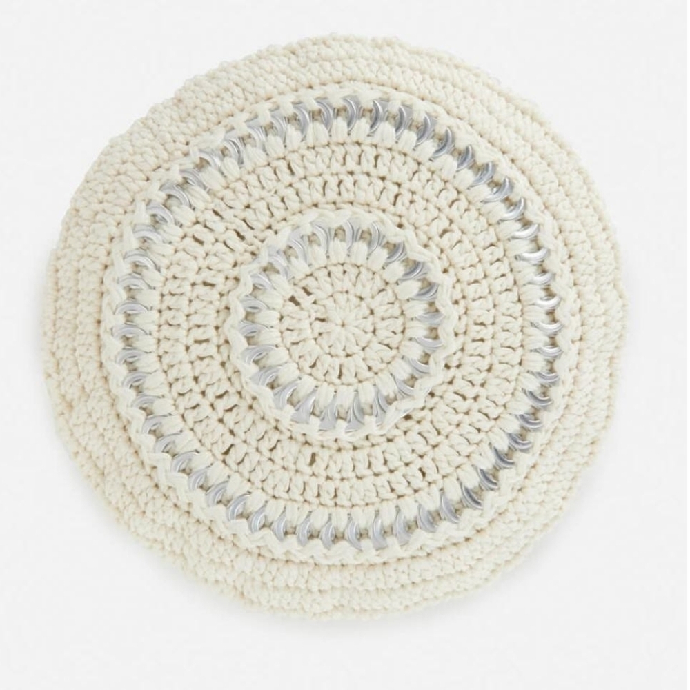 GANNI Ring Embellished Crocheted Cotton Beret White Silver
